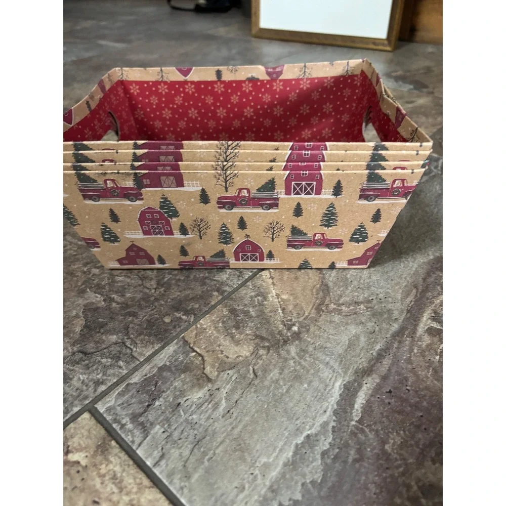Christmas Farmhouse Cardboard Storage Bins Red Truck Barn Set of 3 Holiday Decor